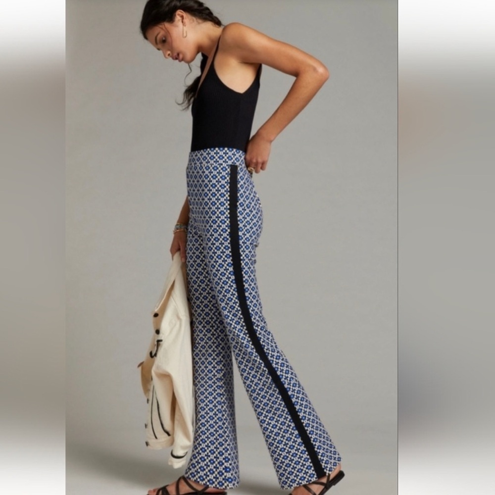 Maeve Anthropologie Blue Geometric Ponte Flare Pants With Tuxedo Stripe Size XS